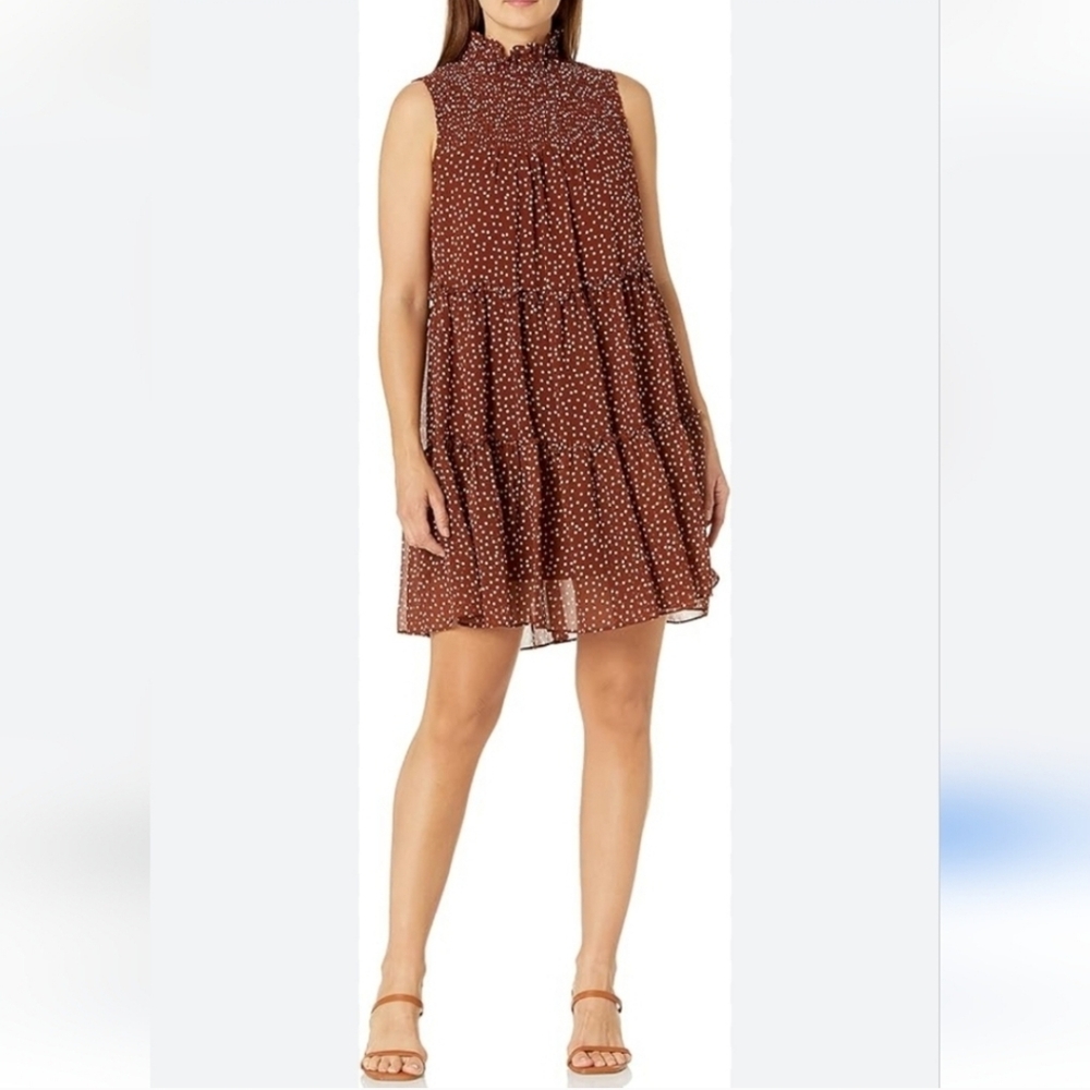 Taylor Brown Polka Dot Smocked Mock Neck Sleeveless Mini Dress Medium Casual